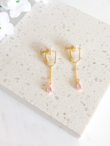 light pink teardrop dangle clipon earrings