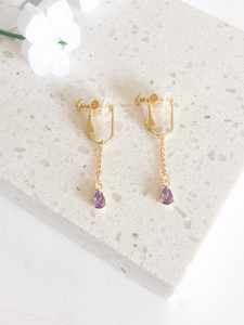 purple teardrop dangle clipon earrings