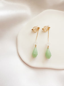 gold long chain clipon earrings with jade charm