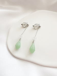 silver long chain clipon earrings with jade charm