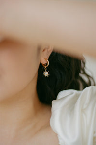 gold clipon hoop earrings with constellation sun charm